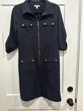 Pinstriped Navy Zip-Front Utility Blazer Dress